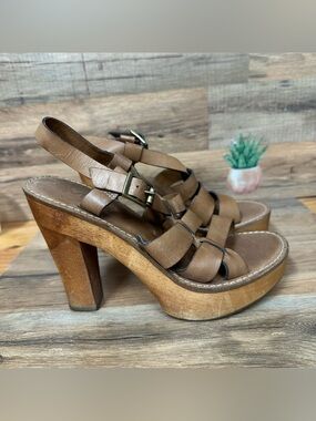 Mia Brown leather strappy Wooden Heels Y2K Chunky Sandals Womens Sz 8